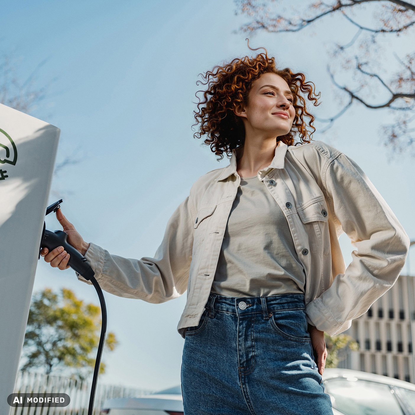 Young woman charging electric vehicle at outdoor station by Mareen Fischinger