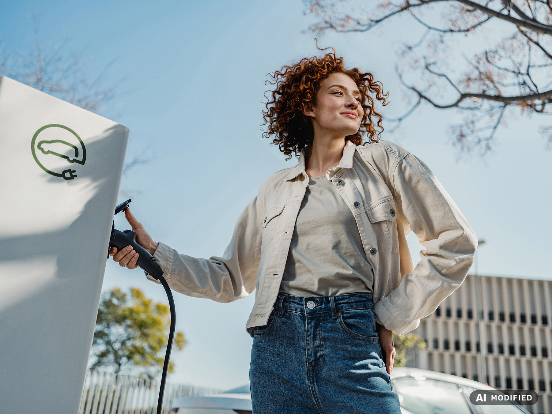 Young woman holding EV charger at electric vehicle charging station by Mareen Fischinger