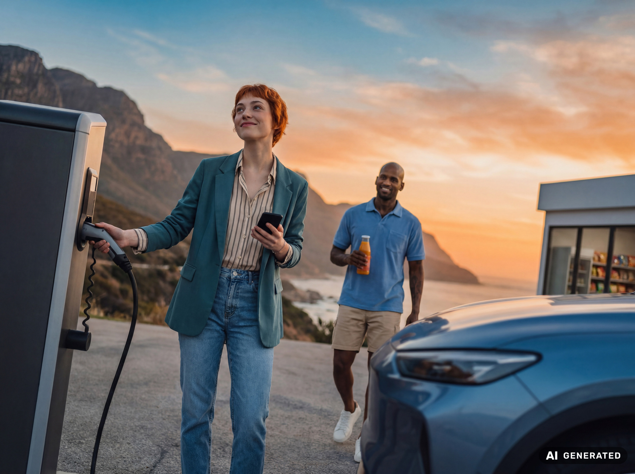 Couple charging electric car at scenic coastal sunset station by Mareen Fischinger