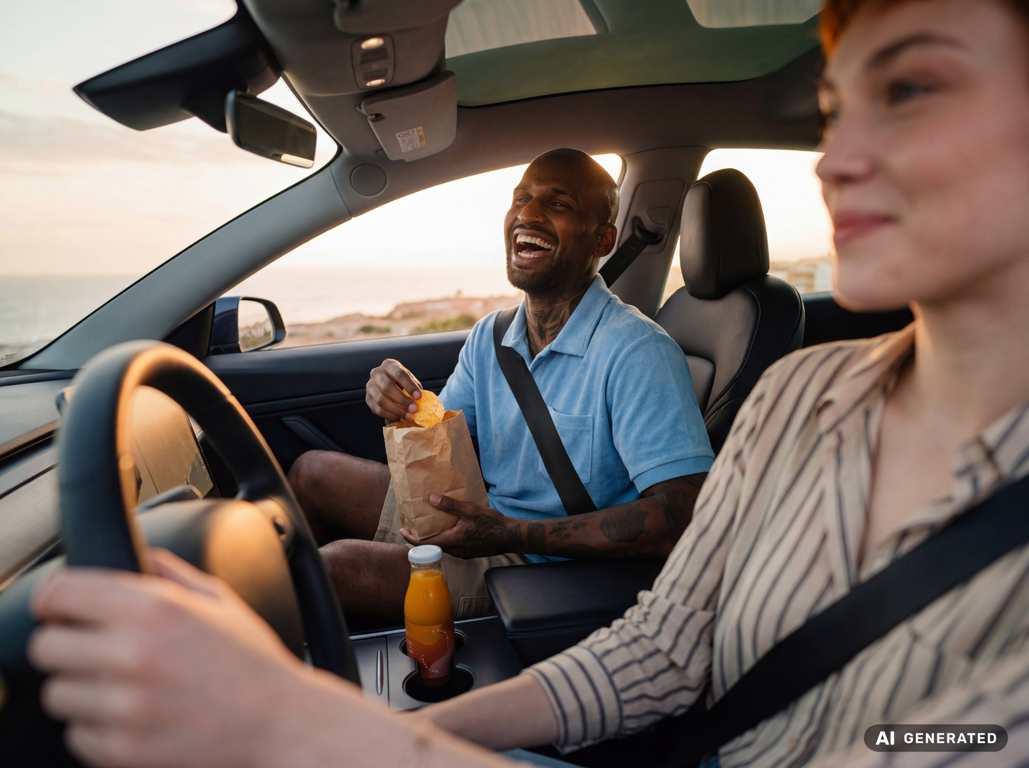 Two friends laughing and snacking on a road trip by Mareen Fischinger