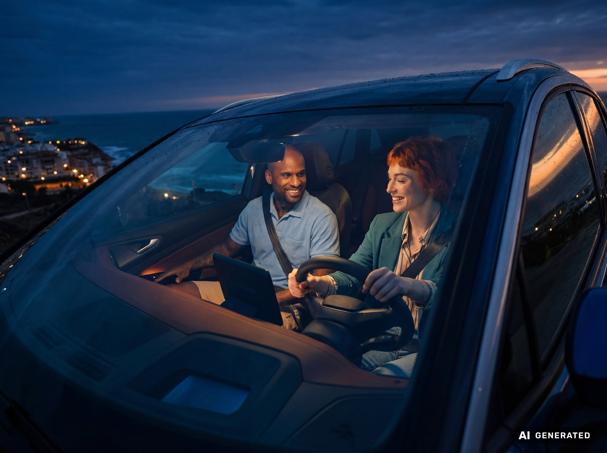 Two smiling people sharing a laptop inside a car at dusk by Mareen Fischinger