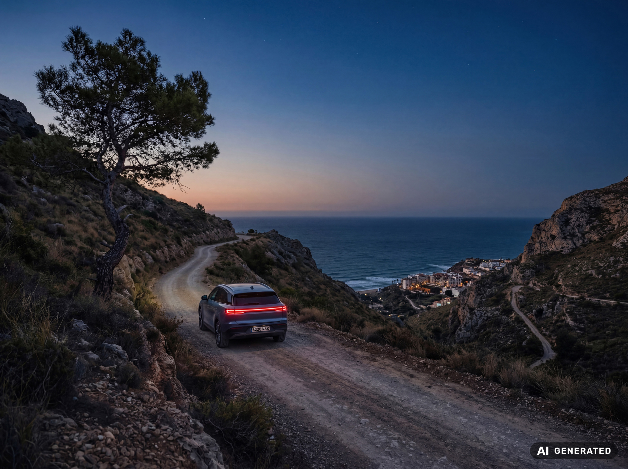SUV driving on mountain dirt road at dusk near coast by Mareen Fischinger