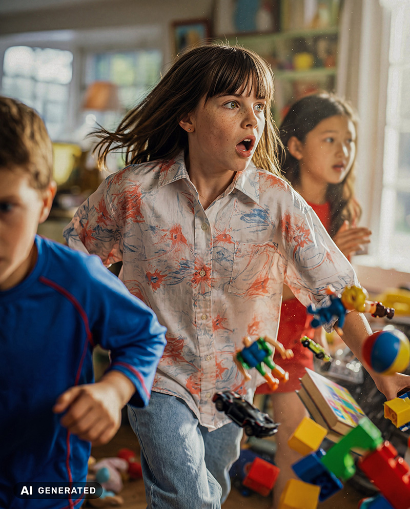 Children running and playing energetically in a toy-filled room